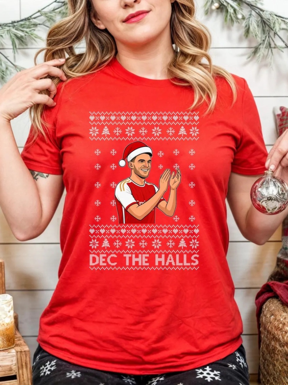 Funny Holiday 'Dec the Halls' Christmas Tee, Football fan ugly holiday printed